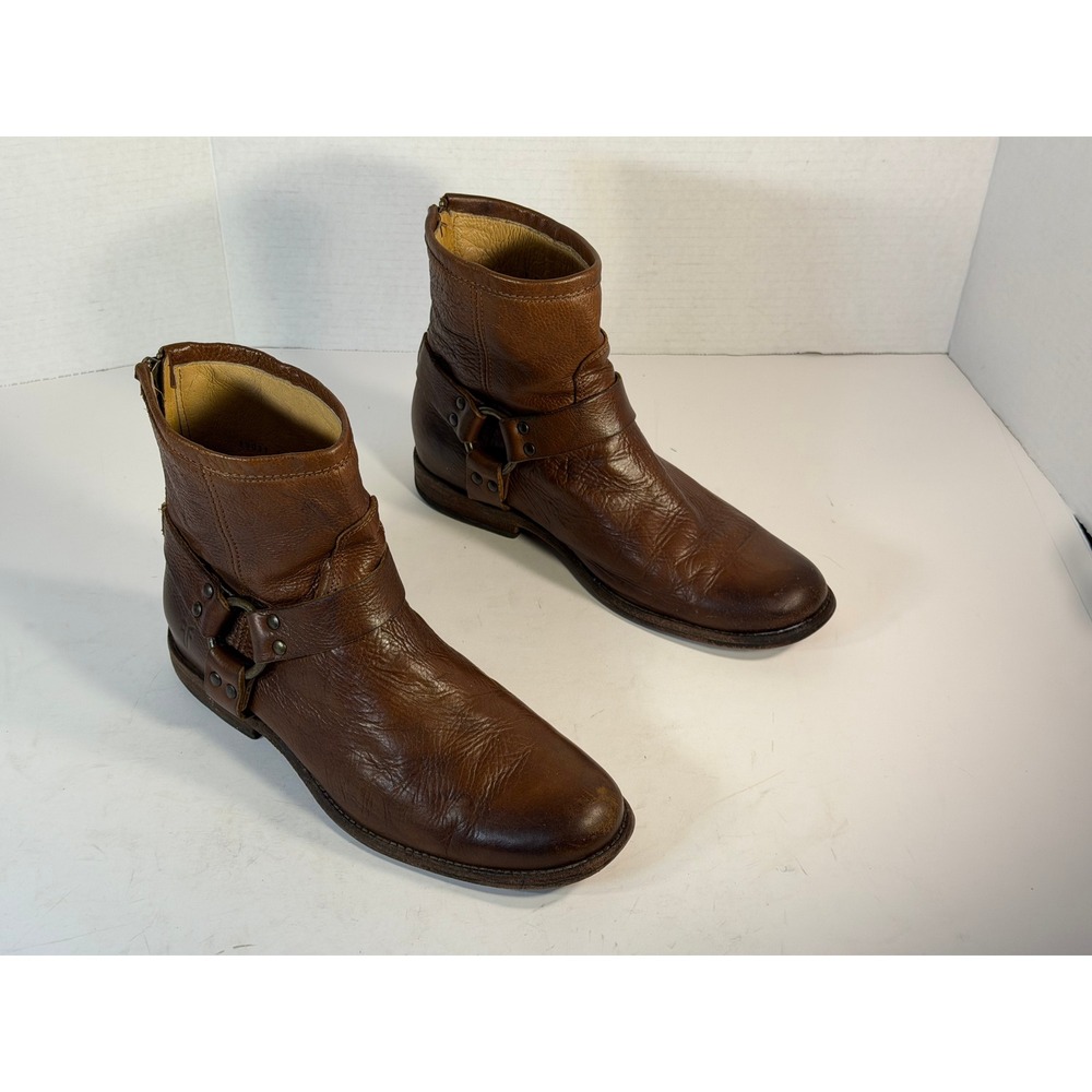 Frye Phillip Harness Ankle Boots Cognac Brown Leather Back Zip 9 4001 H 14